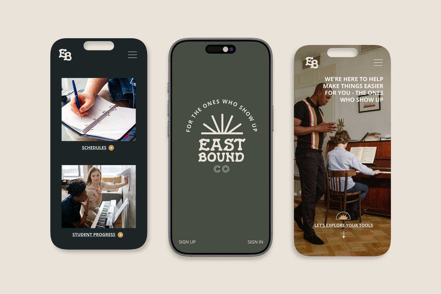 Three smartphone screens displaying different views of an app interface with 'East Bound' branding.